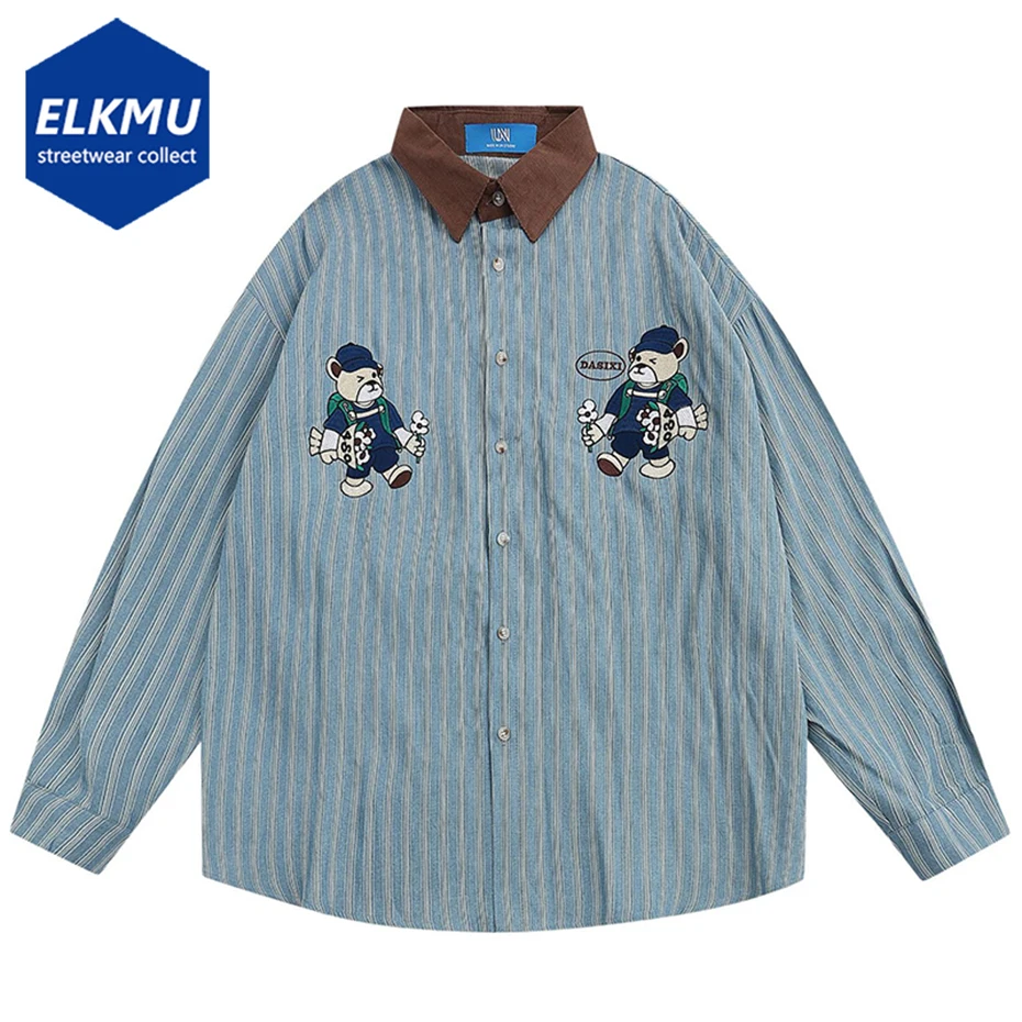 

Bear Embroidery Striped Vintage Shirts Men Loose Long Sleeve Shirt Harajuku Oversized Hip Hop Streetwear Shirt Button Up Blouse