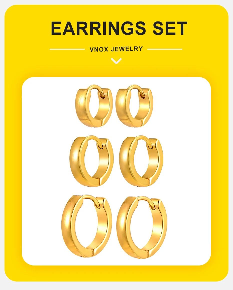 Vnox Creolen-Set aus Edelstahl für Damen, 3 Paar pro Set, glatter vergoldeter Modeschmuck, Ohrkreis-Piercing-Ohrringe – Detail 1
