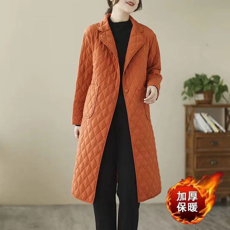

Spring Autumn Retro Art Style Lattice Cotton Padded Trench Coat Streetwear Overcoat Women