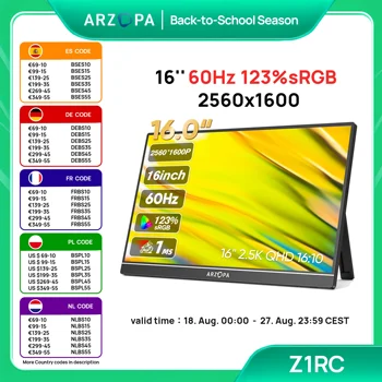 ARZOPA 16in 16:10 2K IPS Schermo Monitor portatile Secondo display con mini hdmi di tipo c per MAC/Laptop/PC/Xbox/PS4/5/Switch Z1RC 1