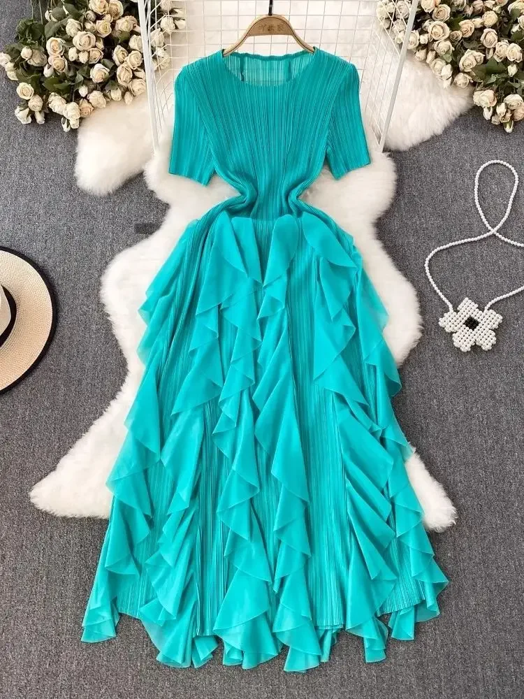 

Summer New Elegant Ruffles Layer Cake Vestidos Miyake Short Sleeve Pleated A-Line High Stretch Party Midi Dress For Women
