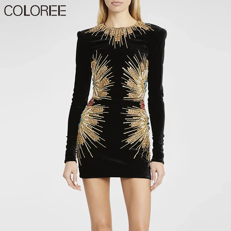 

Luxury Sequined Beading Dresses for Women Runway Designer High Quality O-neck Long Sleeve Black Velvet Dress Vestido Feminino