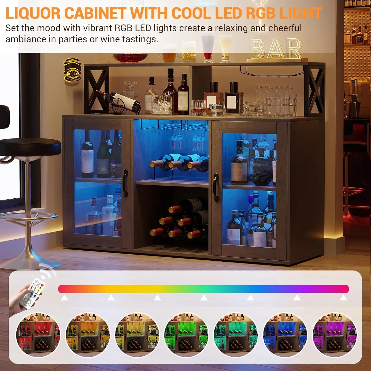 Bar Cabinet with Storage Shelves, Kitchen Sideboard Buffet Cabinet with LED Lights,Liquor Wine Rack & Goblet Holder