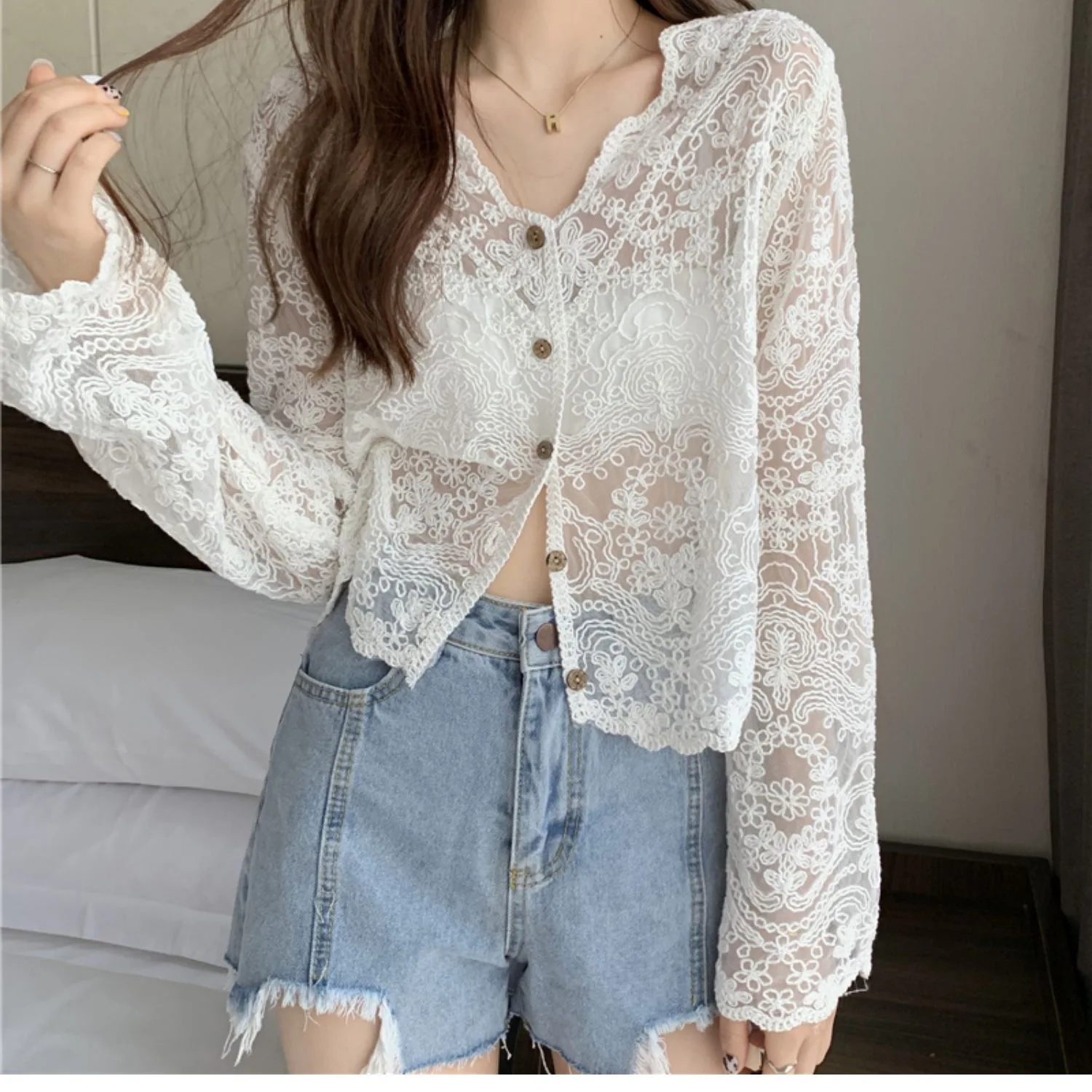 Women Lace Crochet Blouse Shirt Black White