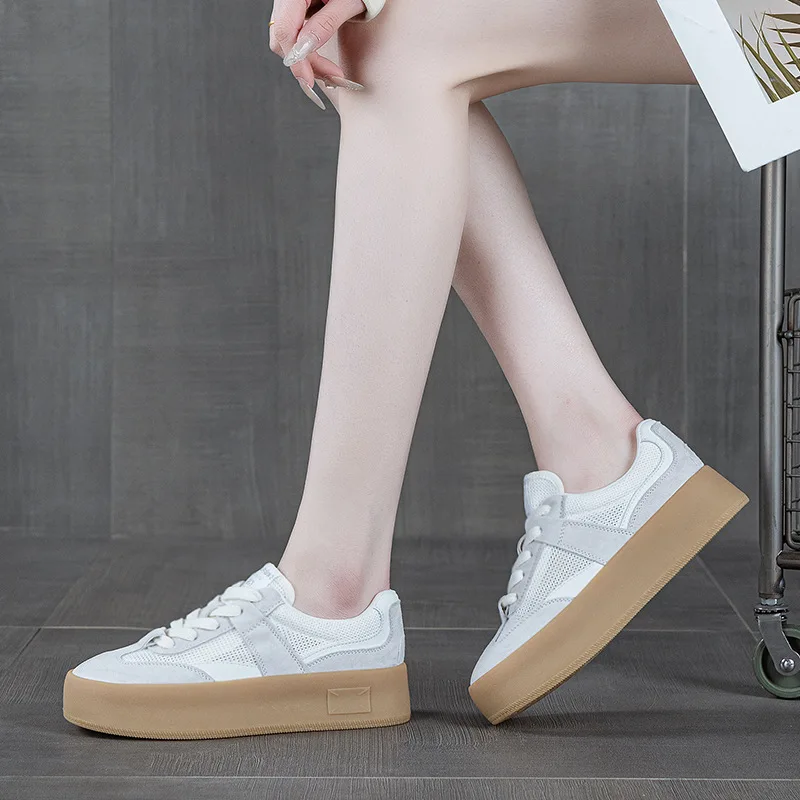 CICIYANG Women's Sneakers Thick-soled 2025 New Genuine Leather Mesh Ladies Moral Training Shoes Casual Spring Flat Shoes Women 3
