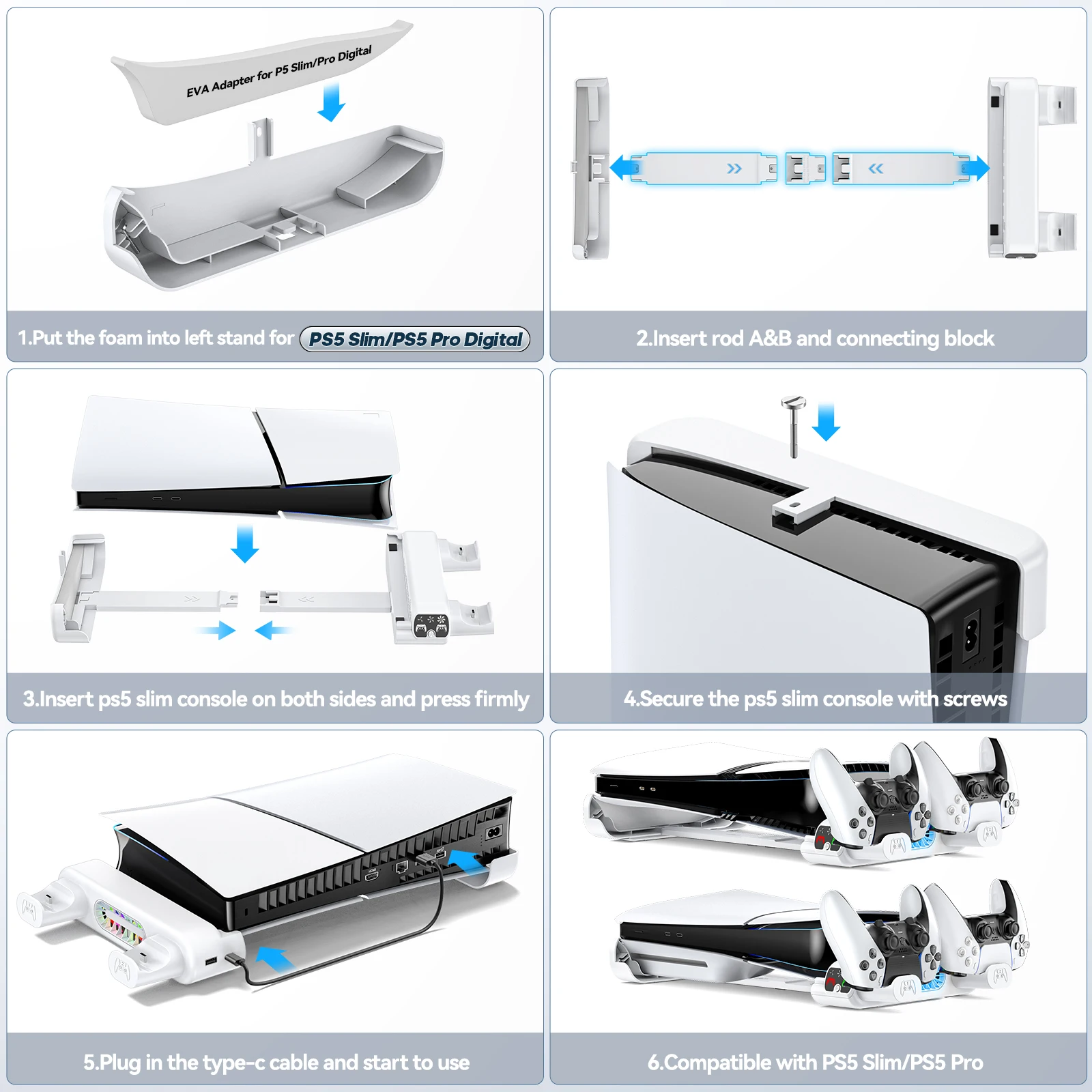 PS5 Slim/PS5 Pro 콘솔용 수평 냉각 스탠드 Playstation 5 Slim 디스크 및 디지털 에디션용 PS5 Slim 컨트롤러 충전기