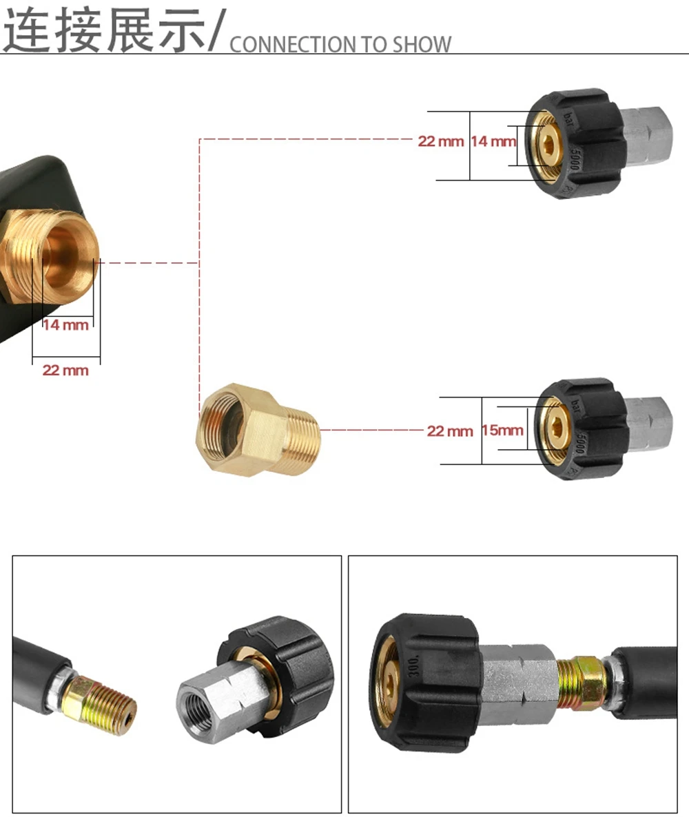 Edelstahl-Hochdruckreiniger-Adapter M22, 14 mm Innengewinde auf 1/4 Innengewinde NPT für Hochdruckreiniger-Schlauch-Adapter, Armaturen, 5000 PSI – Detail 8