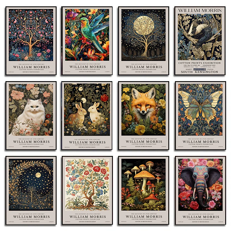 ภาพทิวทัศน์ของวิลเลียมมอร์ริสรินวินเทจภาพสัตว์ป่าและดวงจันทร์โปสเตอร์รูปดาวผ้าใบตกแต่งสำนักงานติดผนัง 1