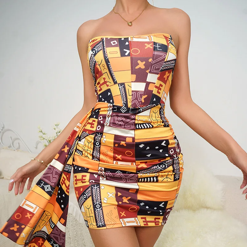 

Women's Contrasting Color Design Printed Slim Elegant Side Strap Sexy Dress Temperament Commuting Female Fashion Party Dresses