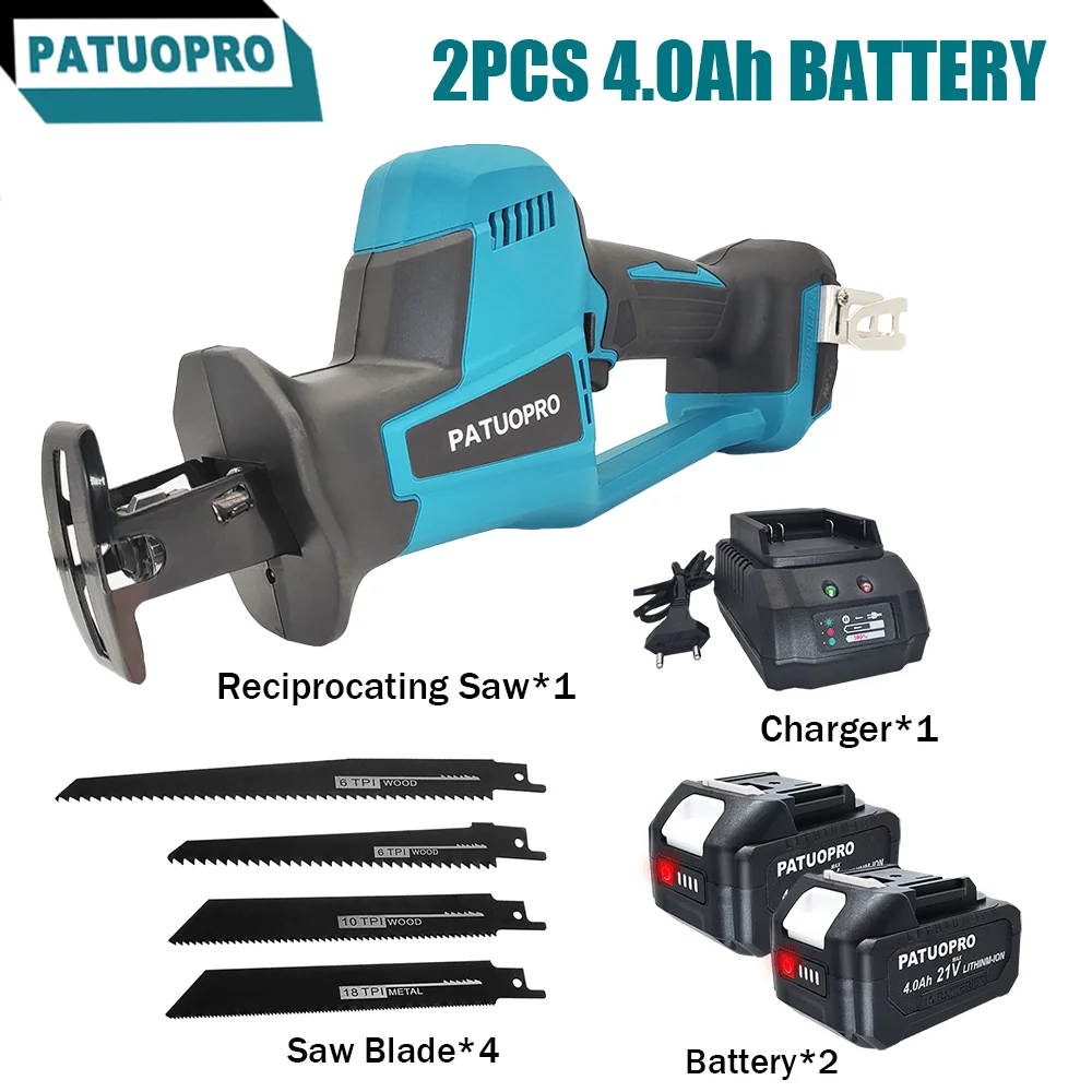 PATUOPRO Electric Reciprocating Saw, Brushless Cordless Adjustable Speed 255mm With 4 Blades PVC Pipe Wood Saw For Makita 18V Battery