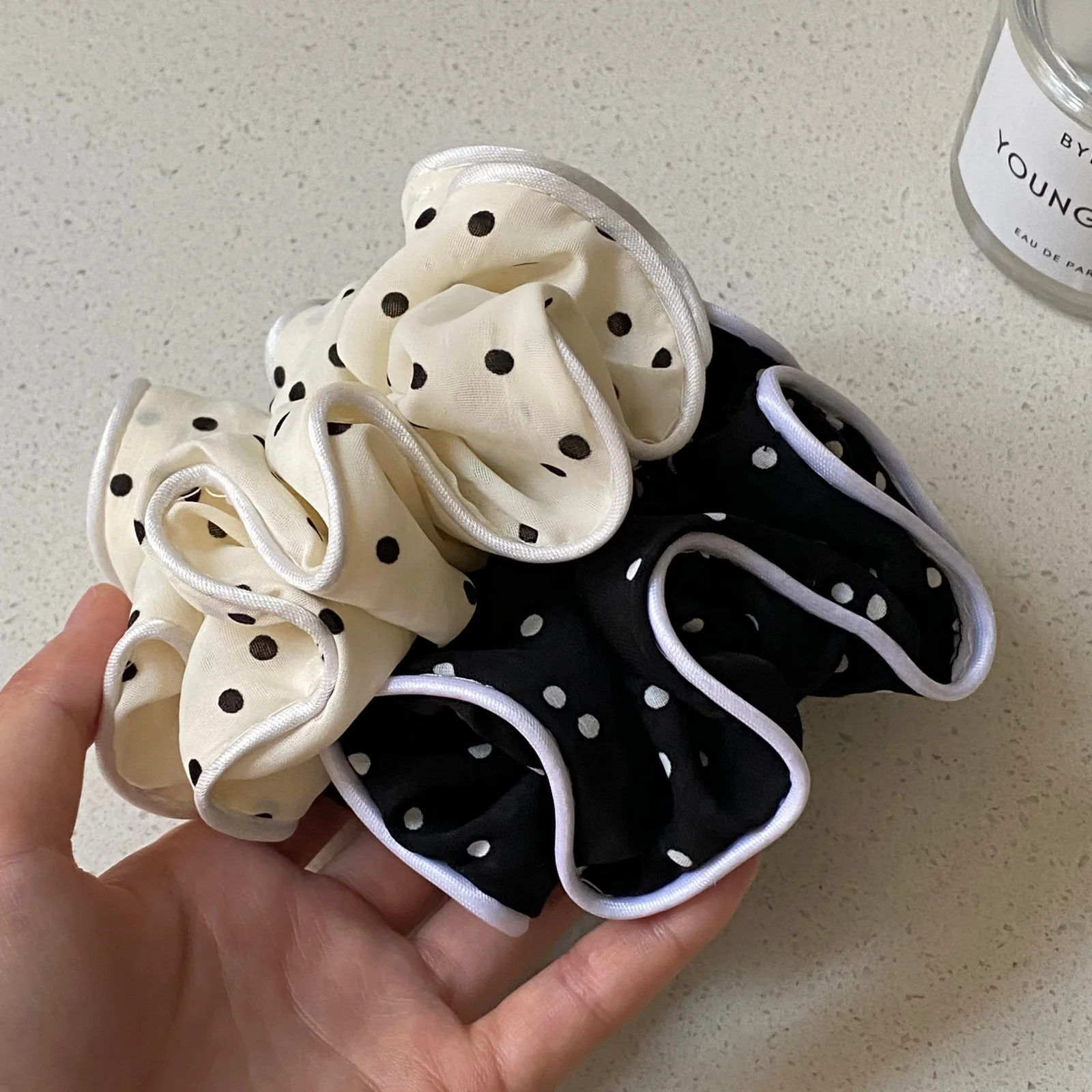 1PC Polka Dot Scrunchies Black Beige Hair Ties, Ruffled Edge Satin Trim Hair Accessories For Women Girls Daily Wear & Party