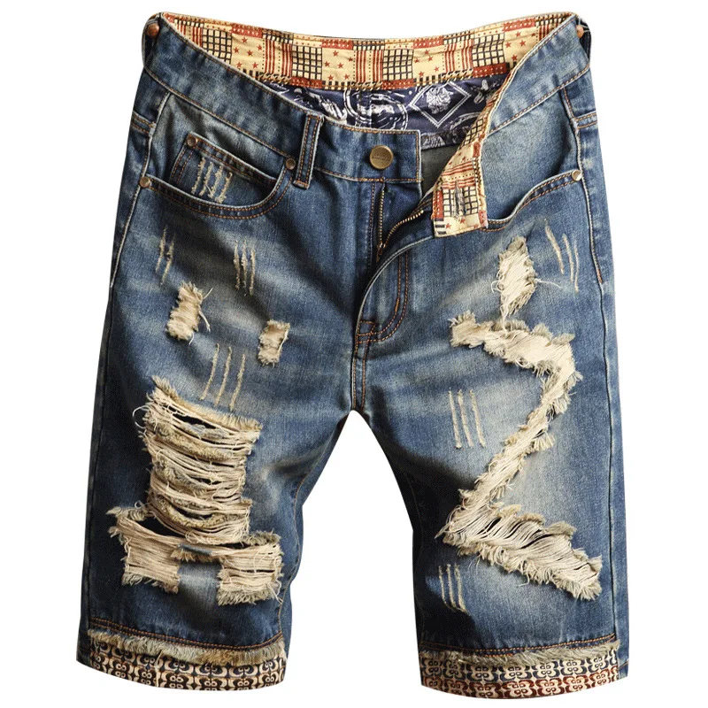 Summer 2024 Men's Ripped Beggar Shorts All-Match Fashion Locomotive Style Fifth Pants Casual Retro Distressed Pirate Shorts