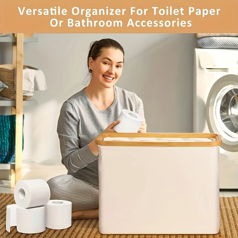 Bohemian Style Bamboo Toilet Paper Holder with Storage Basket,  Collapsible Storage Basket, Laundry Basket, Paper Towel Storage 2