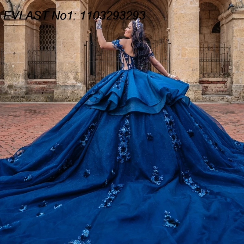 EVLAST Shiny Navy Blue Ball Gown Quinceanera Dress Floral Applique Beading Tiered Sweet 16 Vestidos De 15 Anos E1Q591