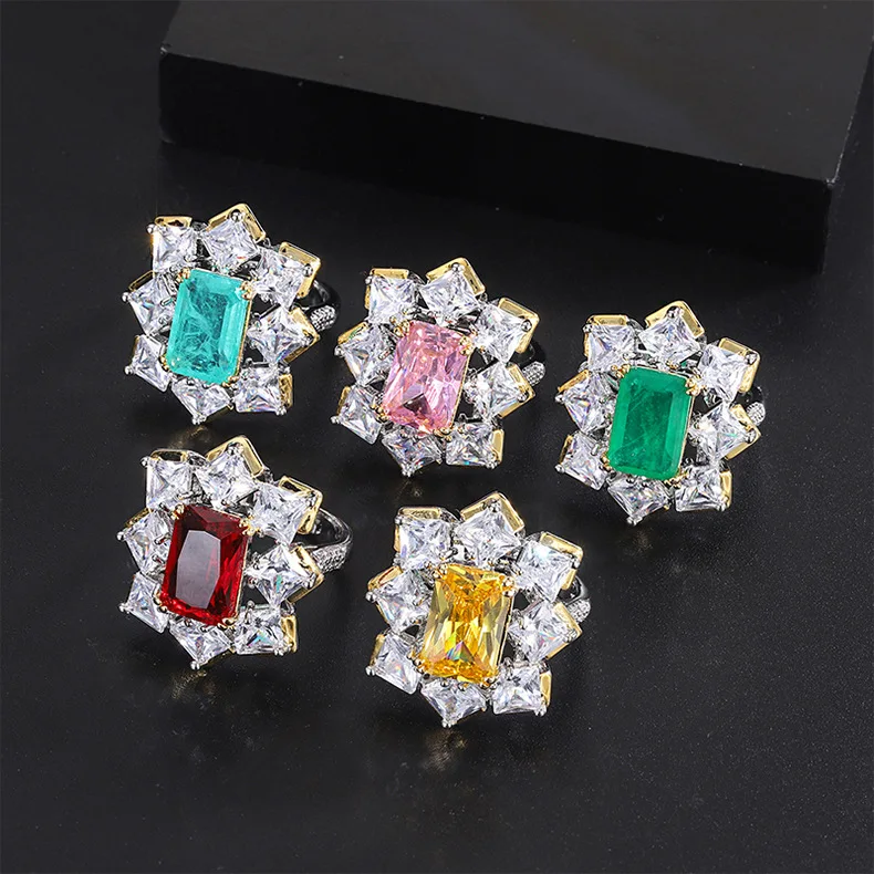 

QTT Fashion Creative Geometric Emerald Paraiba Tourmaline Ring for Women Princess Cut Zirconia Vintage Open Rings Party Jewelry