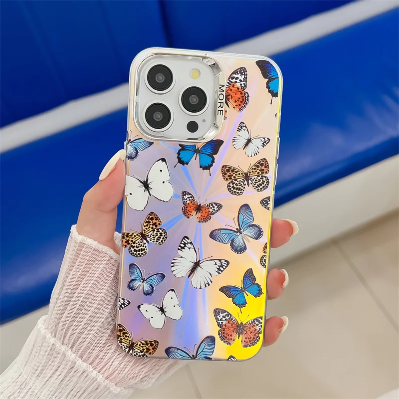 Coque de téléphone de luxe électroplaquée au laser papillon pour iPhone 16 15 14 13 Pro Max, coque arrière rigide antichoc en PC mat_voghion.com
