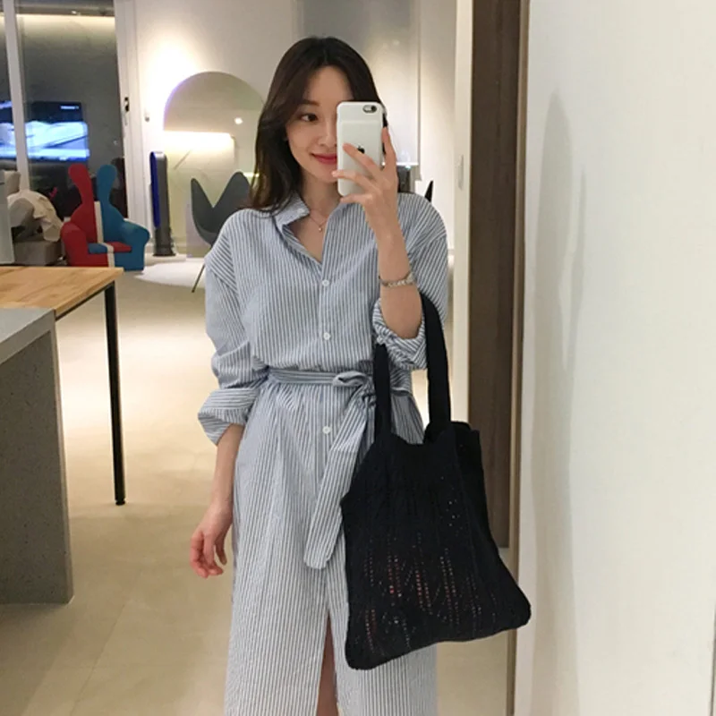 

Blue Women Striped Midi Shirt Dress Autumn Spring Long Sleeve Vintage Work Office Dress Korean Elegant Casual Kimono Female New