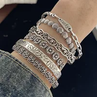 100% Solid 925 Sterling Silver Retro Bracelet for Women Men Vintage Handmade Flower Patern Bracelet Birthday Gift 1
