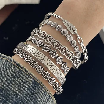 100% Solid 925 Sterling Silver Retro Bracelet for Women Men Vintage Handmade Flower Patern Bracelet Birthday Gift 1