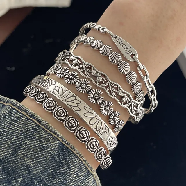 100% Solid 925 Sterling Silver Retro Bracelet for Women Men Vintage Handmade Flower Patern Bracelet Birthday Gift 1