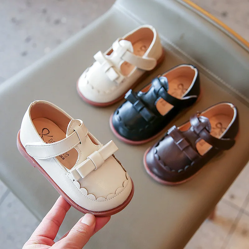

2022 Spring Casual Anti Slip Kids Sneakers Girl Bow Princess Leather Shoes Solid Color Baby Flat Heels Toddler Children Footwear