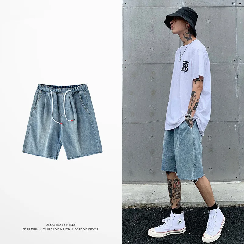

Nn 2022 New Summer Short Jeans Men Drawstring Frayed Vintage Denim Trousers Casual Loose Trendy Preppy Style All-match Teens Vin
