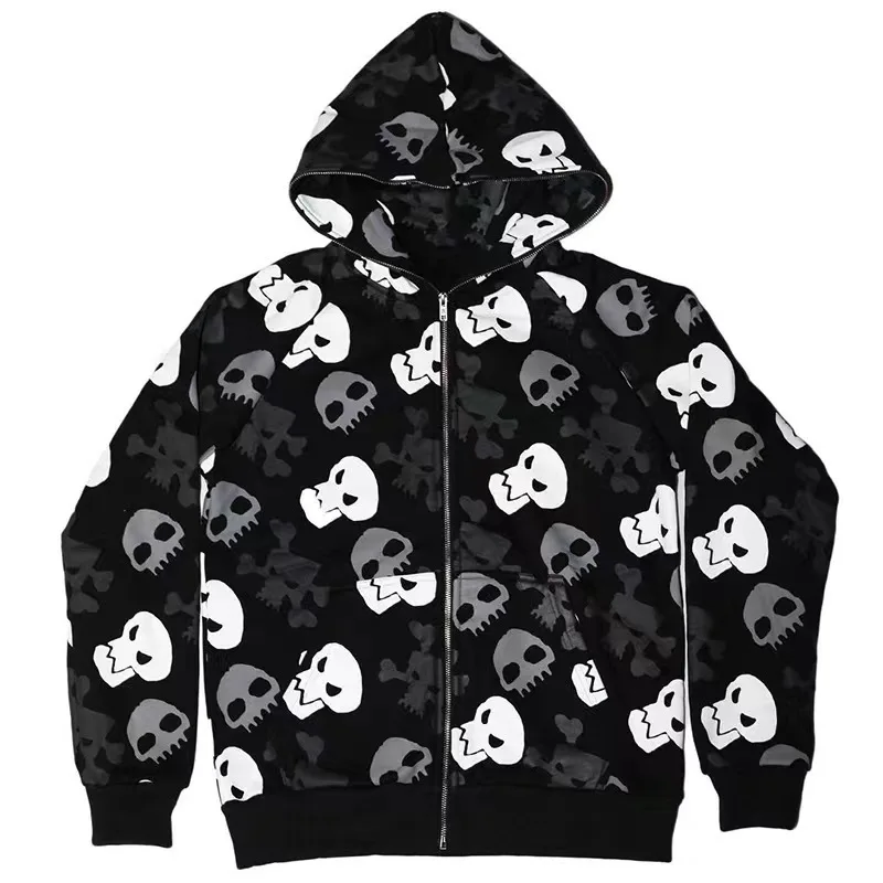 Y2K trendy brand new style the most variety of full skeleton languid style 3D digital print hooded long sleeve zipper sweatshirt