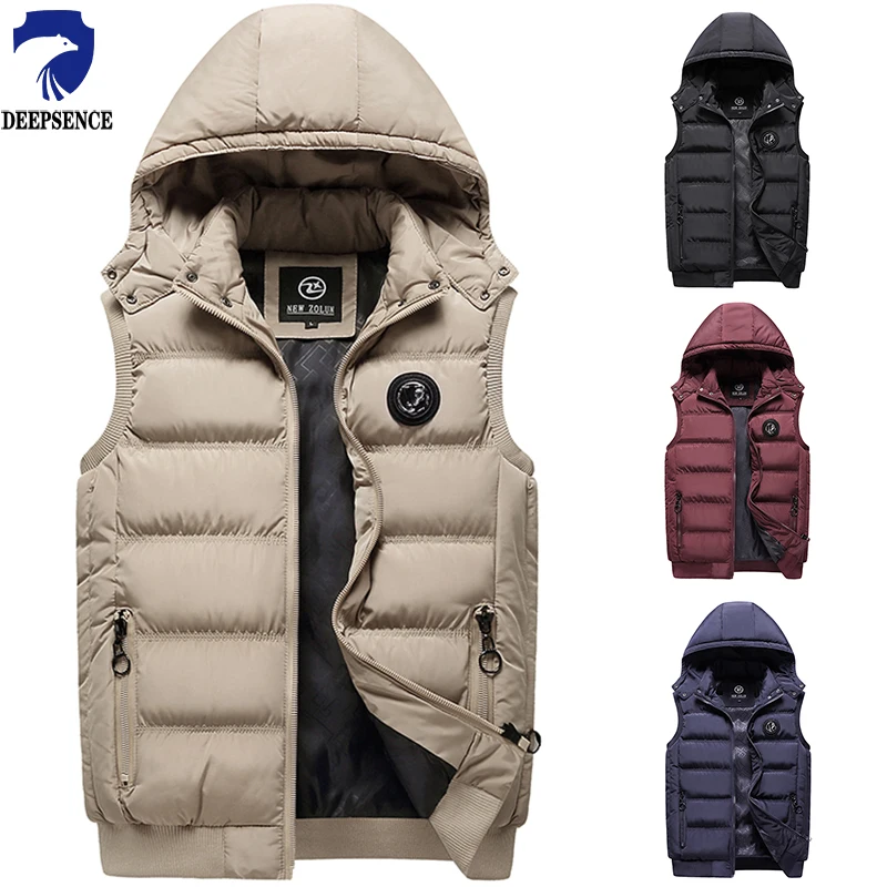 Sleeveless Vest Men's Winter Autumn Vest Cotton Hooded Outdoor Fashion Comfortable Solid Color Badge Cotton Coat Jacket
