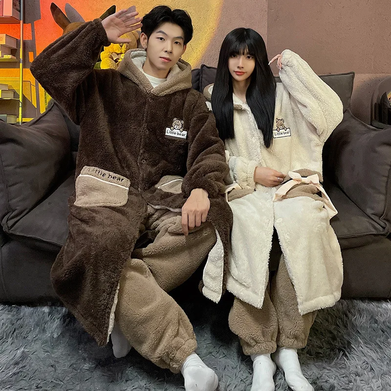 

Bear Cartoon Cute Flannel Sleepwear Couples Bathrobe & Pant Pajamas Set Women and Men Matching Homewear Lover Pyjamas Hombre