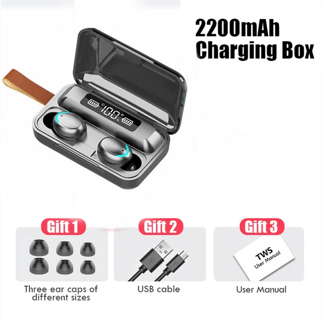 TWS F9 Mini Earphone V5.0 Wireless Headset Stereo  Sport Waterproof bluetooth headphones EarphonesTouch Control Noise Cancelling DZ Black