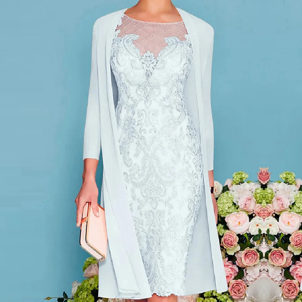 Paffas Blue Chiffon Elegant Mother Of The Bride Dress With Jacket 3/4 Sleeve Lace Wedding Guest Evening Dress Bride Mother Gowns