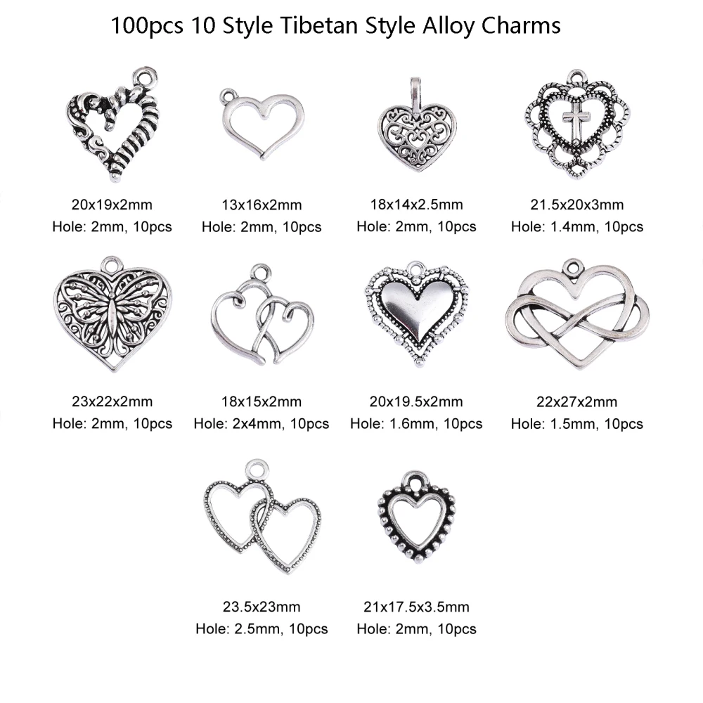 PandaHall 100Pcs 10Style Tibetan Style Love Heart Charms Antique Silver Heart Charms for Jewelry Making Bracelets Necklace