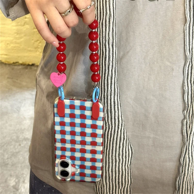 Niche Red and Blue Plaid Wrist Chain Phone Case - Best Friend Gift