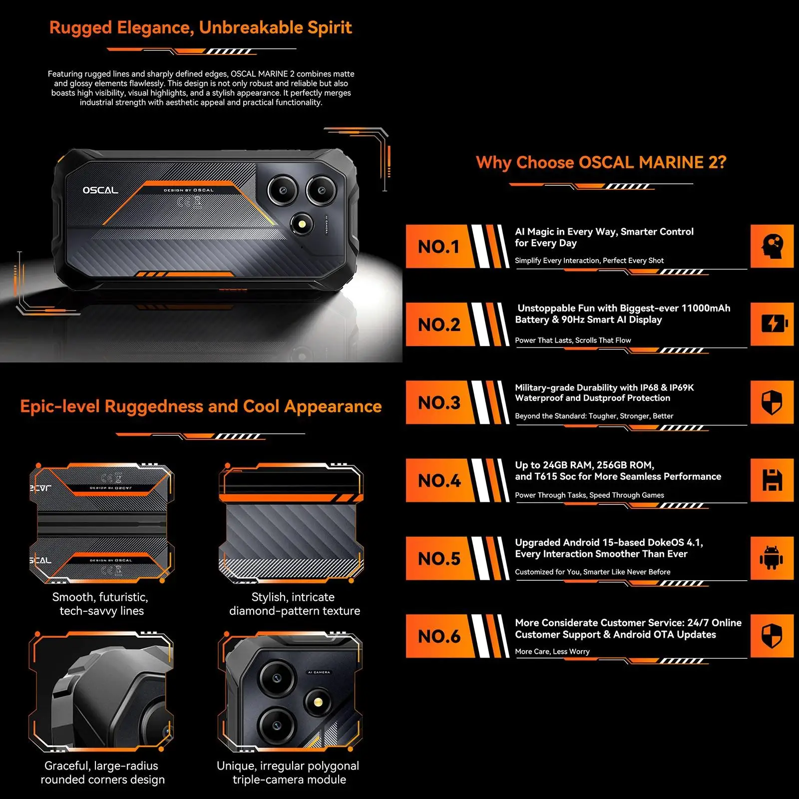 Blackview Oscal Marine 2 Smartphone 4GB+64GB/ 8GB+128GB 11000mAh Battery 6.56'' 90Hz Mobile Phone 16MP Camera 18W NFC Android 15