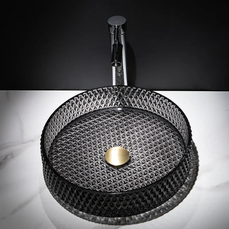 Bathroom Vessel Sink Crystal Glass Vessel Sink Faucet Tap Combo Countertop for Bathroom Hotel Deck Mount Sinks