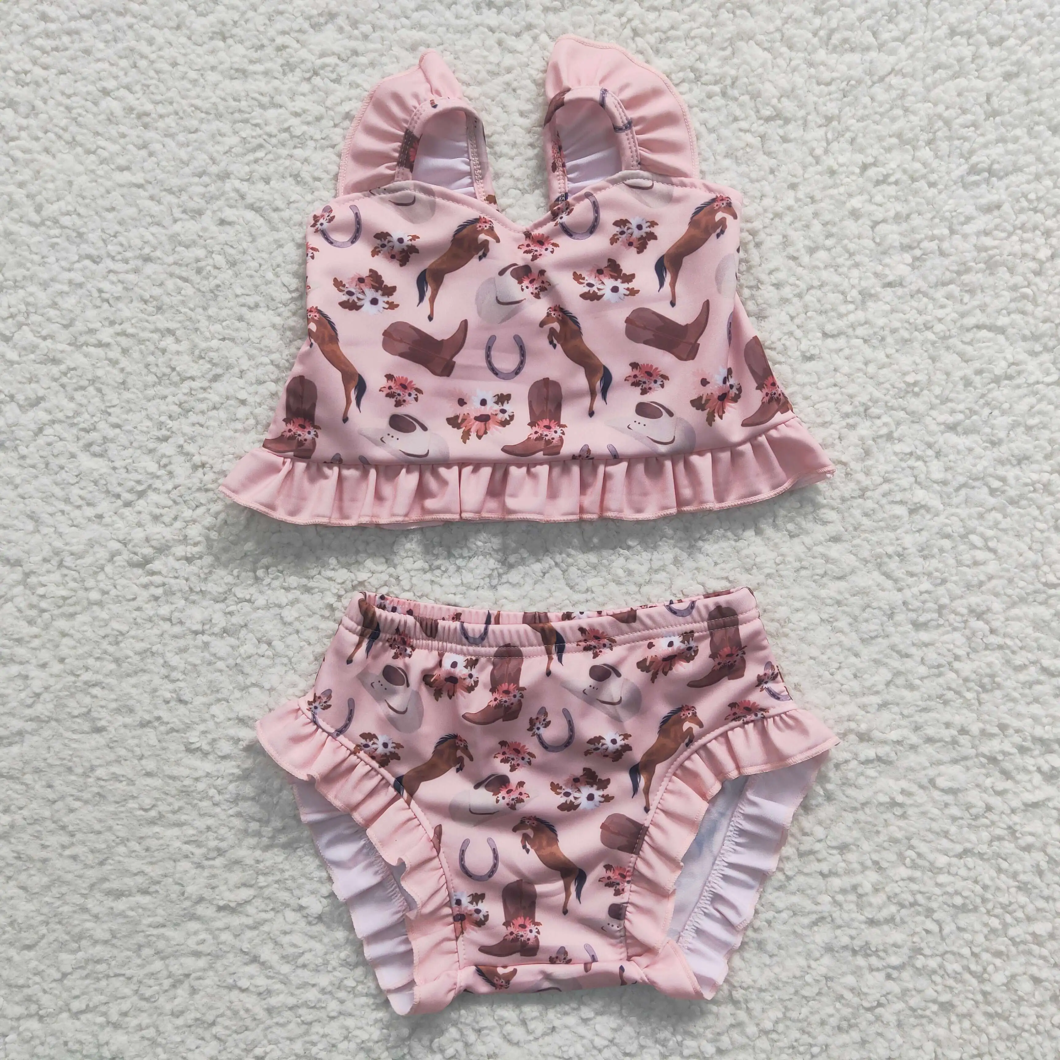 

New Update RTS NO MOQ Children 2PCS Summer Bikini Set Baby Pink Swimwear Kids Swimsuits For Girls