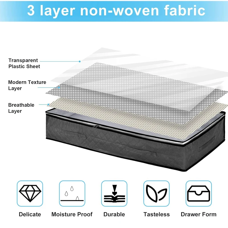 Underbed Storage Bag 90L Large Under Bed Storage Box with Zipper Bags Organizer for Clothes Duvets Blanket Quilt Non-woven 3