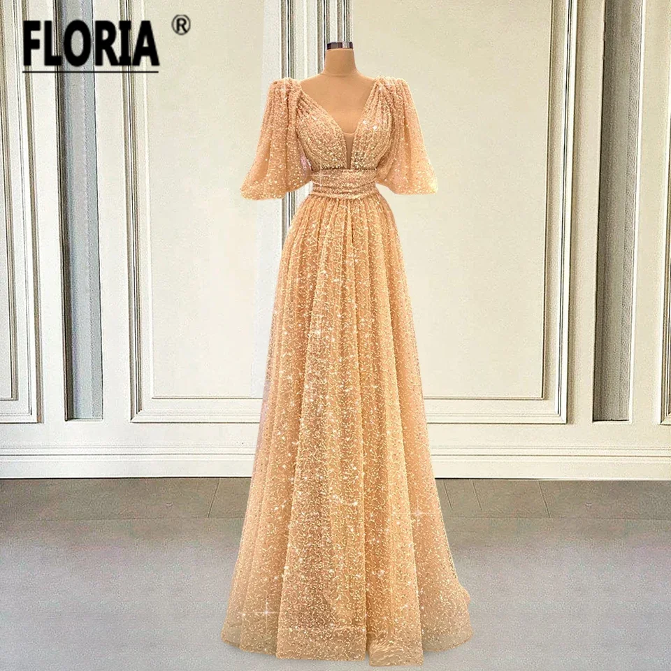 

Sparkly Full Beadings Sequins Prom Dresses Gold Half Sleeves A Line Formal Evening Gowns Custom Made Robe De Soiree Elegant Maxi