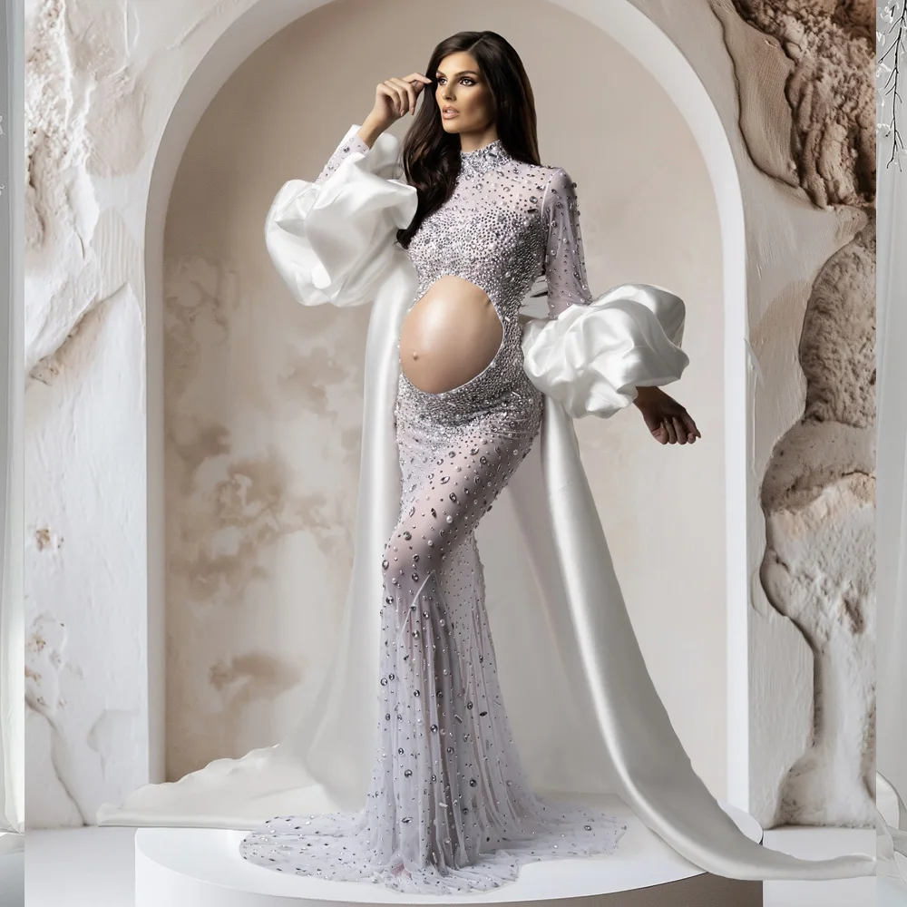green emerald velvet dress Long Mermaid Deep V-Neck Pregnant Formal Evening Dress with Sleeves main image 0