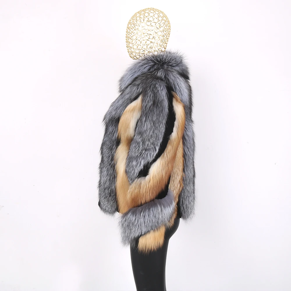 Luxury Genuine Silver Fox Fur Jacket Real Natural Coat Full Sleeves Winter Plush Red Outerwear for Fashionable Cold Weather