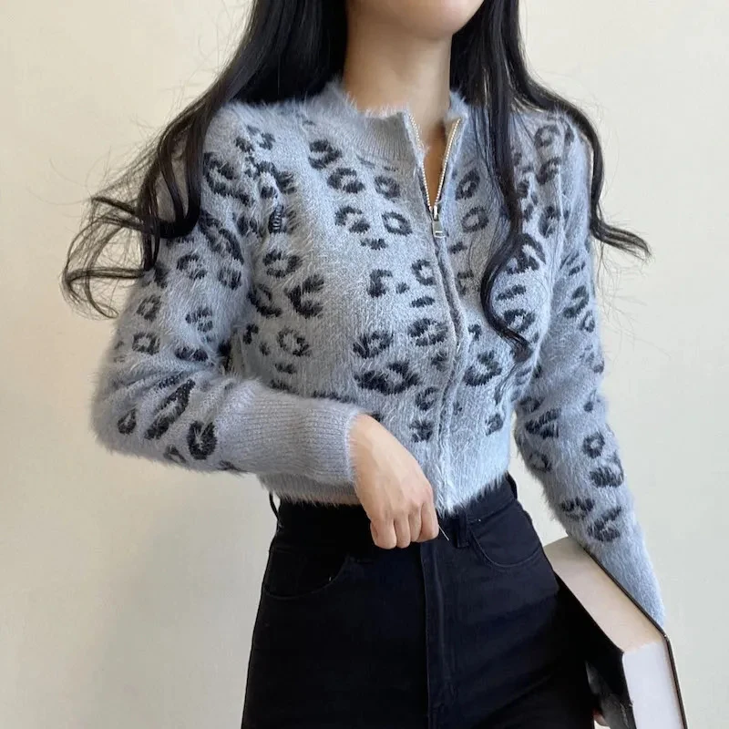 Biyaby 레오파드 프린트 크롭 니트웨어 여성용, 빈티지 두꺼운 긴팔 스웨터 코트, 섹시한 스키니 지퍼 니트 가디건