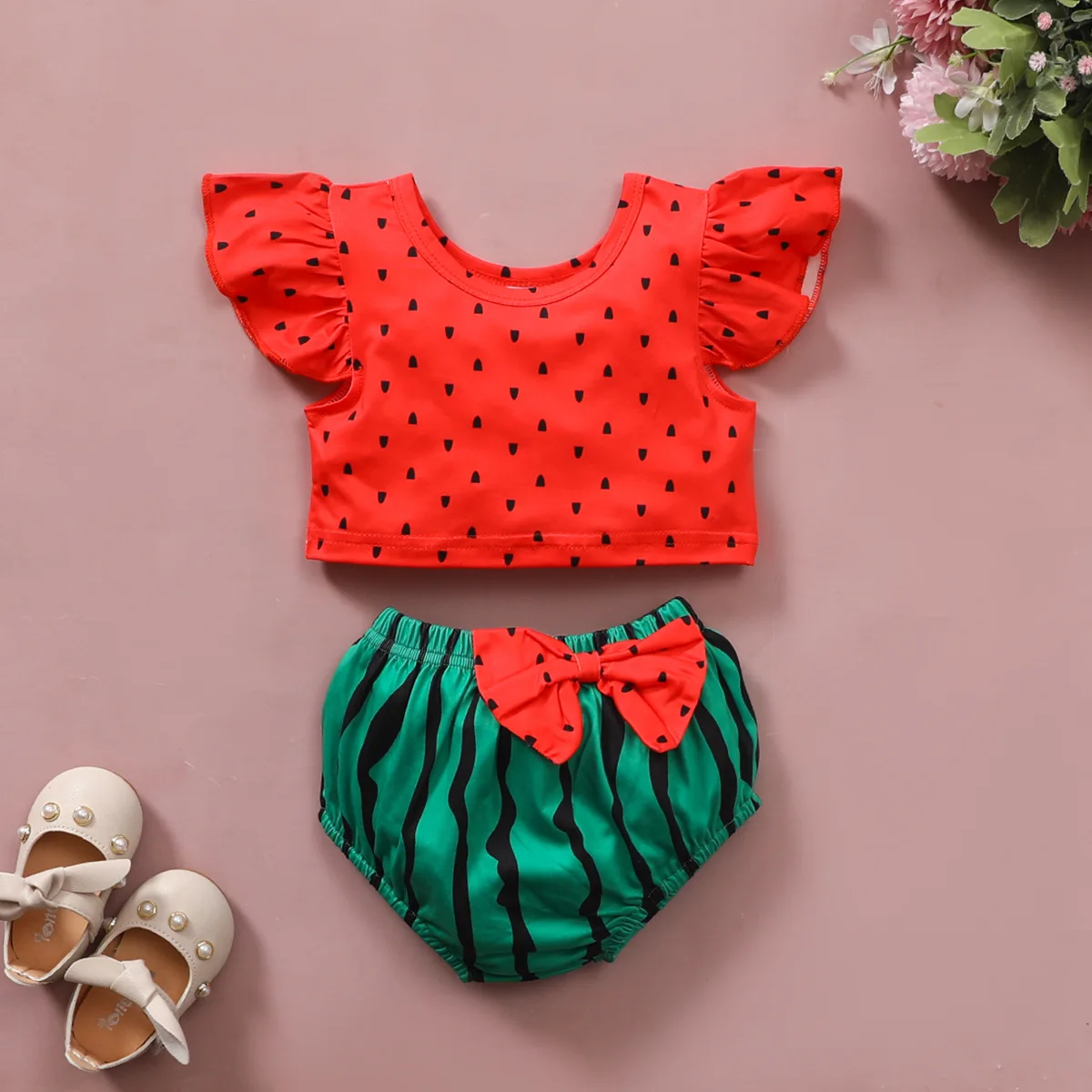 

Baby Little Flying Sleeve Polka Dot Watermelon Bow Print European And American Triangle Shorts Two-Piece Set