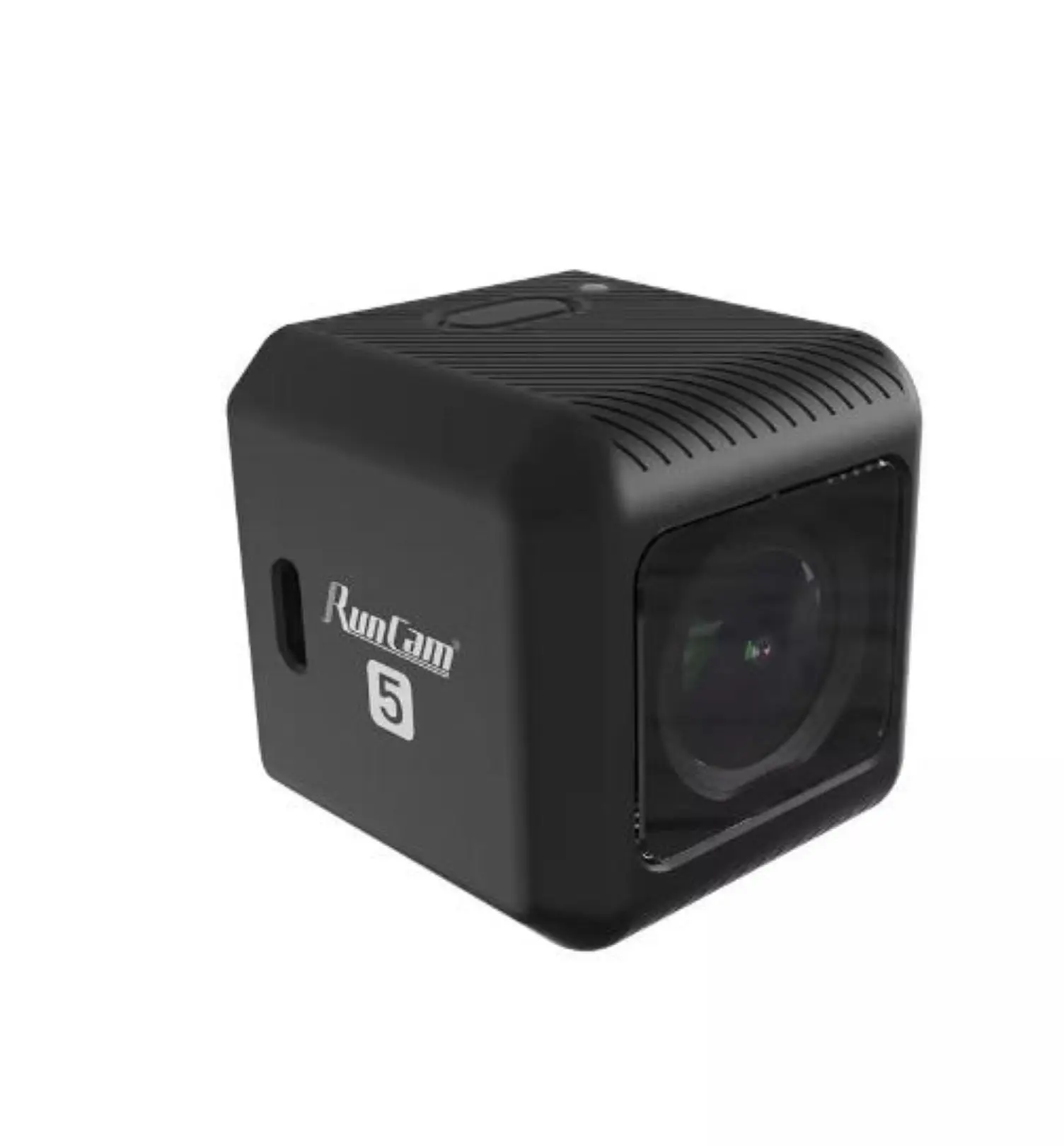 Caméra d'action RunCam 5 4K orange/noir montée sur un drone FPV, prête pour des vols immersifs avec contrôle via application.