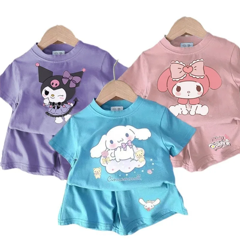 Kawaii Kuromi My Melody Cinnamoroll комплект из футболки и шортов для девочек с героями мультфильмов летняя аниме Sanrio милая детская спортивная одежда с сердечками для девочек