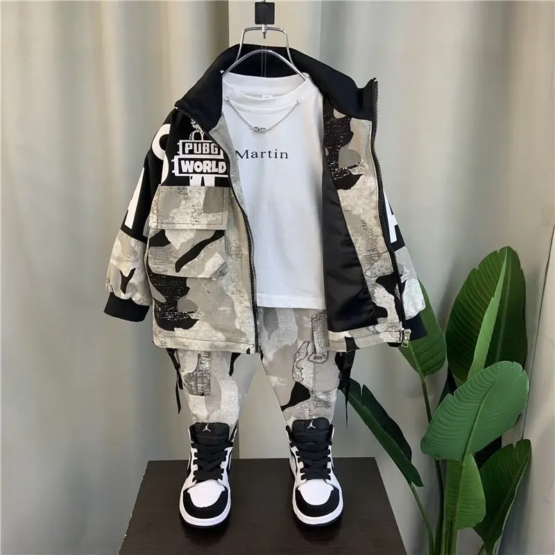 

2022 Boys Babys Sets Fashion Jacket Letter Boy Clothing Suit Teenager Children Korean Coats Tops + Pants Cotton 2 3 6 8 10 year