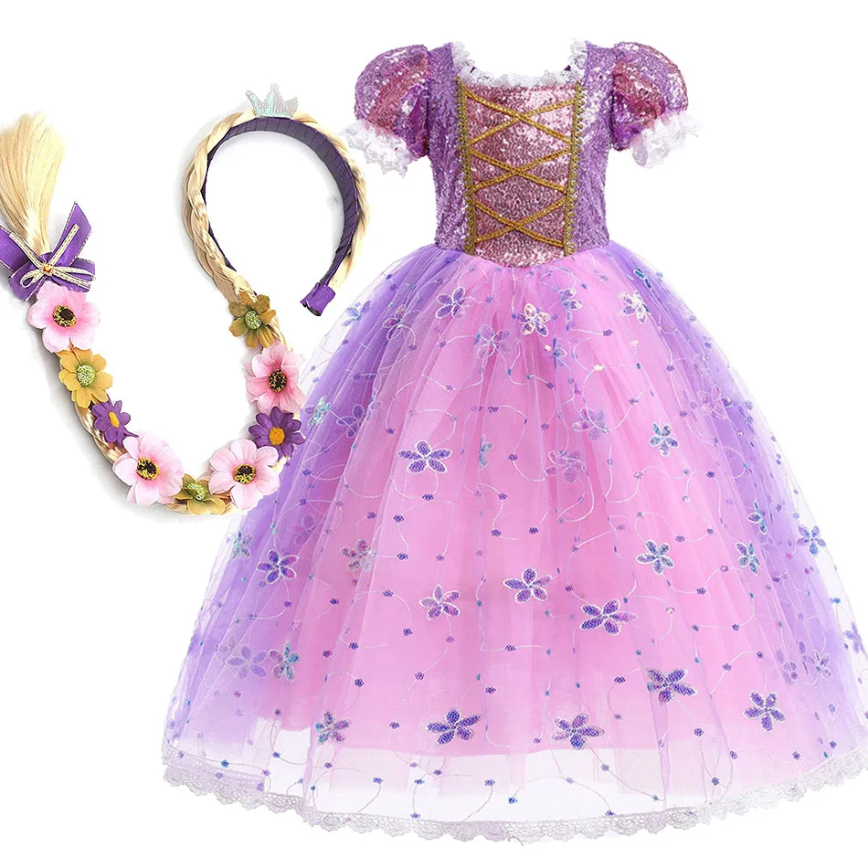 Children Halloween Costume Little Girls Rapunzel Costume Sequins Purple Dress Kids Princess Cosplay Dress 3 4 5 6 7 8 9 10 Years