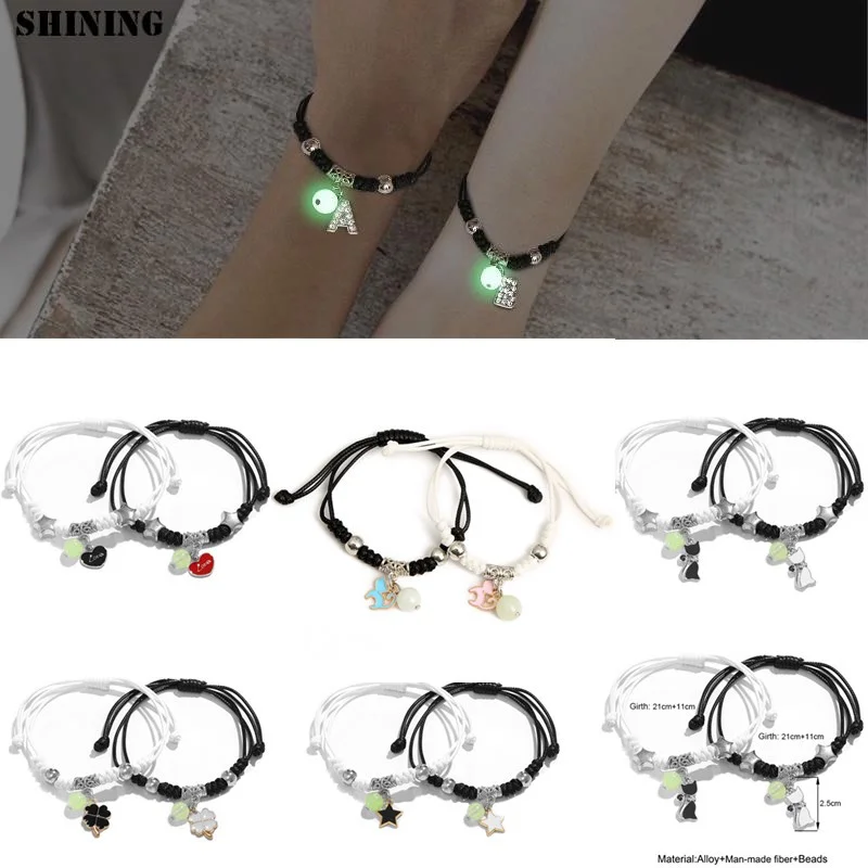 

2pcs Luminous Cat Star Moon Bracelet Couple Charm Handmade Adjustable Rope Matching Friend Bracelet Infinite Love Jewelry Gifts