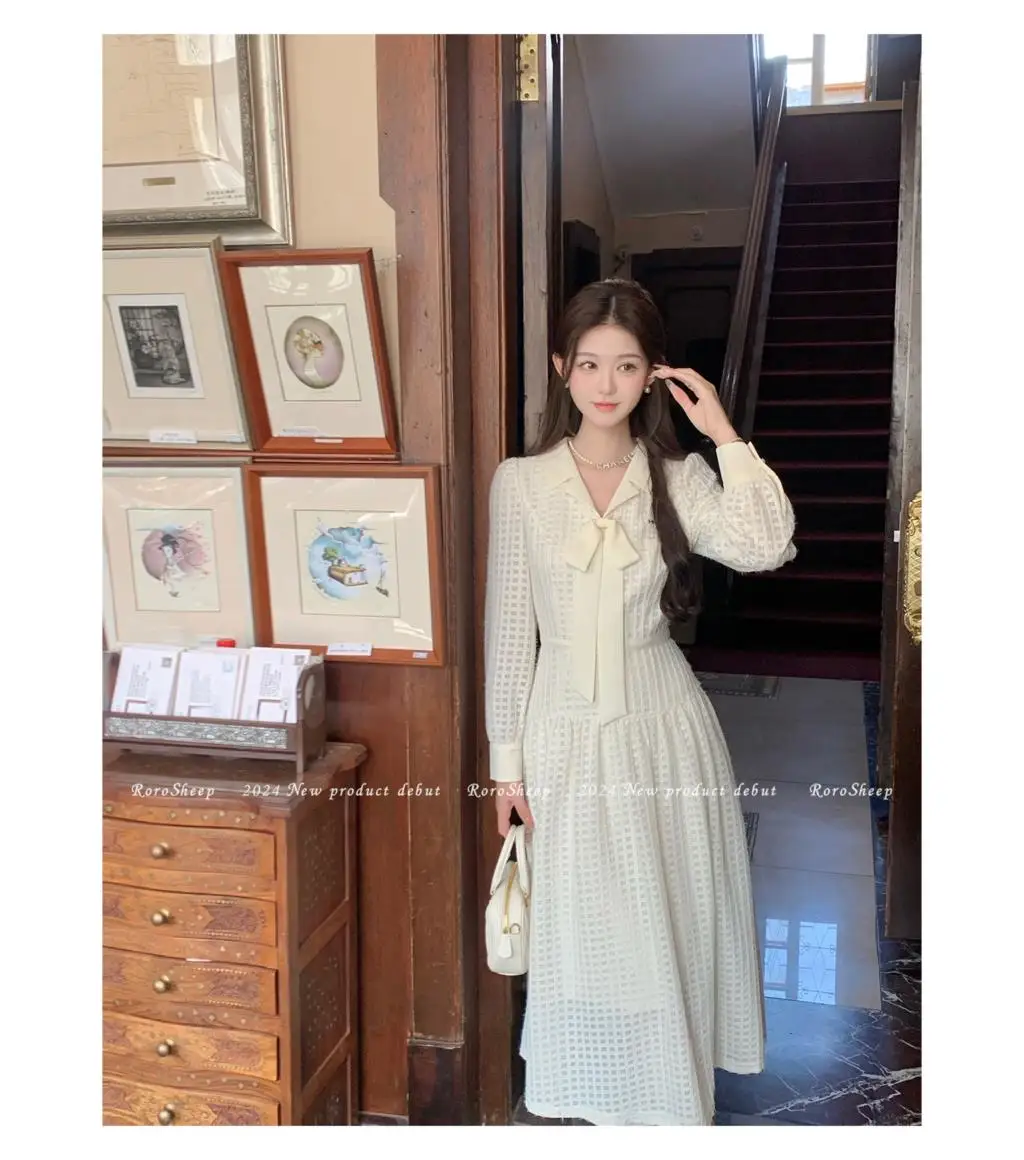 Elegant Vintage Lapel Midi Dresses for Women Bow Long Sleeve Birthday Party Dress A-line Autumn New Korean Fashion Vestido Mujer