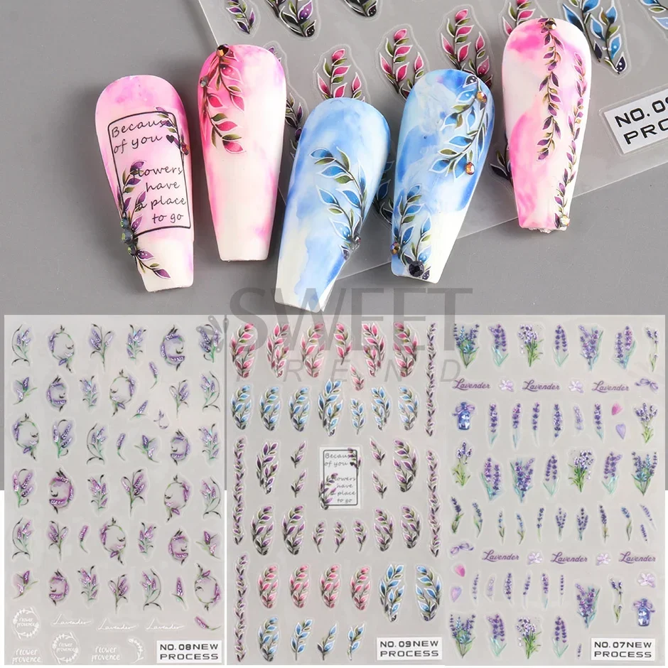 3D Bohemian Matte New Nail Sticker Charms Embroidery Boho Design Manicure Purple Flower Vine Decals Nail Art Accessories Sliders
