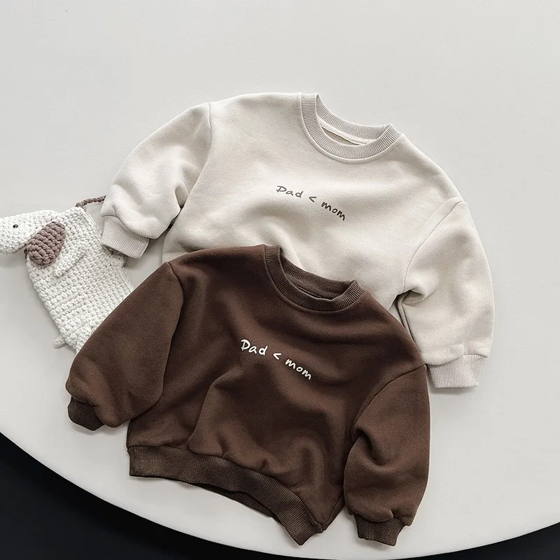 

Children Long Sleeve Fleece Sweatshirt Winter New Plus Velvet Thick Baby Boy Girl Fashion Letter Print Pullover Kids Casual Tops